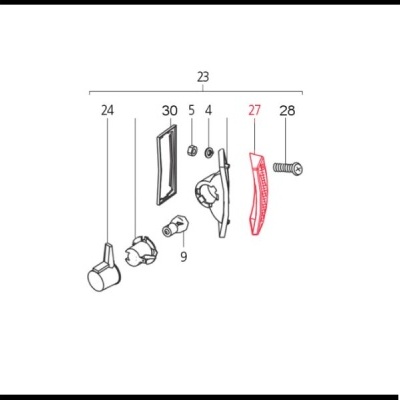 Desenho técnico de peças numeradas em fundo branco, destacando a peça 27 em vermelho.