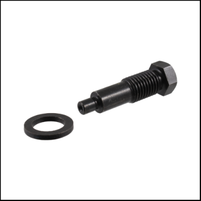 Parafuso preto metálico com arruela preta sobre fundo branco