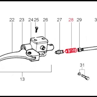 Desenho técnico em preto e branco de uma manete de travão com peças numeradas