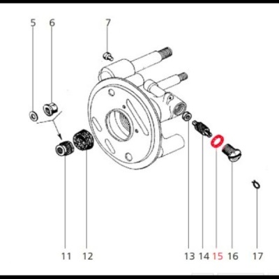 Desenho técnico de peça mecânica com componentes e números