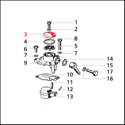 Diagrama técnico explodido de peça mecânica com componentes numeradas