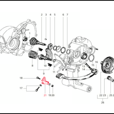 Desenho técnico de uma caixa de engrenagens e componentes numerados com peça em destaque a vermelho.