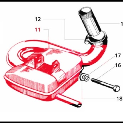 Ilustração técnica de peça automóvel vermelha e preta com tubo e fixações numeradas