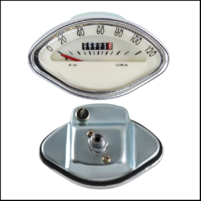 Velocímetro metálico com mostrador branco e escala em km/h