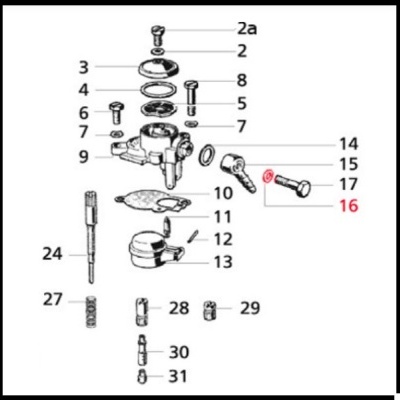 Diagrama técnico de peças mecânicas numeradas com destaque ao número 16
