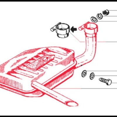Desenho técnico de peça automóvel com componentes numerados e indicação de partes em vermelho.