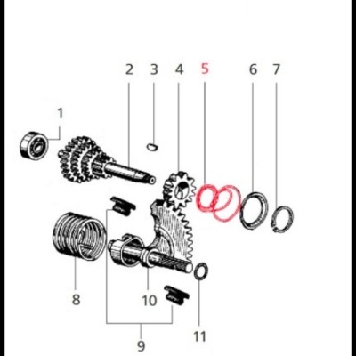 Diagrama esquemático com peças mecânicas numeradas e destacadas