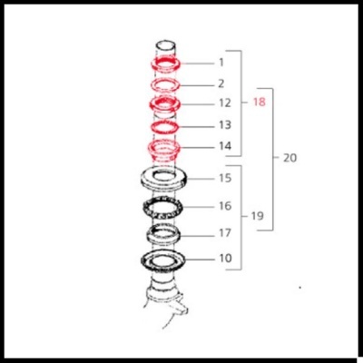 Diagrama técnico com peças mecânicas numeradas em preto, branco e vermelho