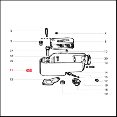 Desenho técnico de componentes mecânicos numerados com um parafuso vermelho destacado
