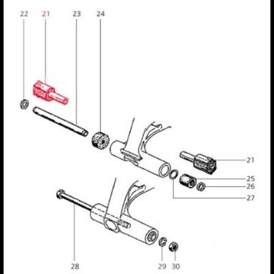 Diagrama técnico com peças mecânicas numeradas e componente vermelho destacado