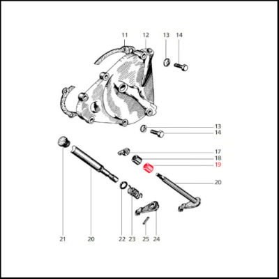 Desenho técnico de peças mecânicas numeradas em preto e branco com alguns números em vermelho.