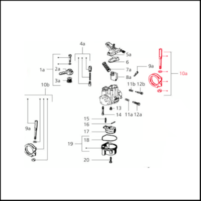 Esquema técnico de peças mecânicas numeradas em fundo branco