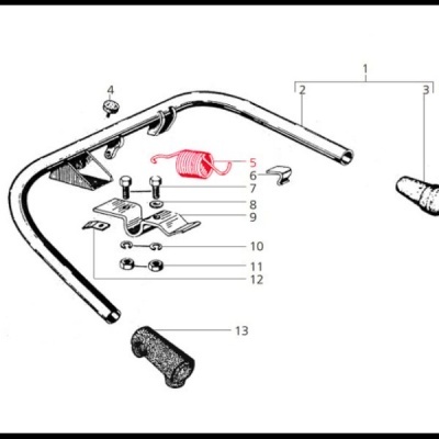 Desenho técnico de um guiador metálico com acessórios numerados
