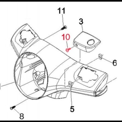 Desenho técnico de peças numeradas de carcaça ou painel, com número 10 em vermelho
