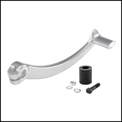 Peça metálica curva e acessórios pretos e metálicos sobre fundo branco