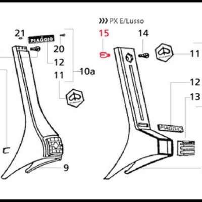 Peças laterais do veículo PX e PX E/Lusso com números e logotipos Piaggio