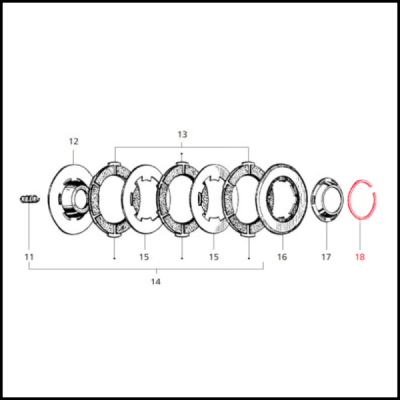 Desenho técnico de peças mecânicas numeradas incluindo anel elástico vermelho