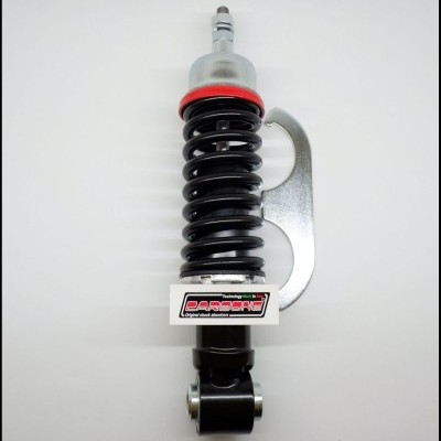 Amortecedor preto com mola, top cinza translúcido, anel vermelho e montagem metálica prateada