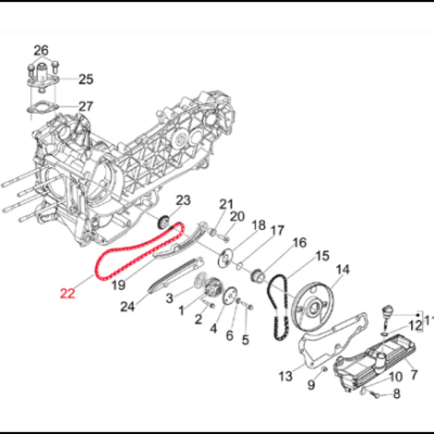Diagrama técnico de conjunto mecânico com várias peças numeradas e correia dentada vermelha.