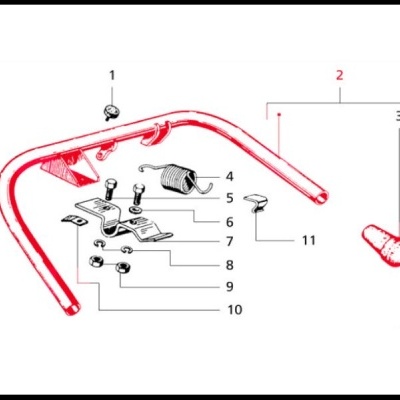 Diagrama técnico de peças metálicas vermelhas e cinzentas numeradas