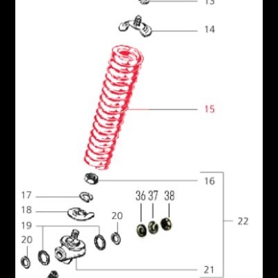 Diagrama técnico de peças mecânicas numeradas com mola vermelha