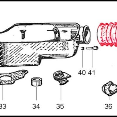 Desenho técnico de peças mecânicas com uma peça vermelha espiralada.