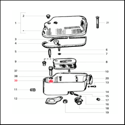 Desenho técnico de componentes mecânicos desmontados com numeração e destaque vermelho