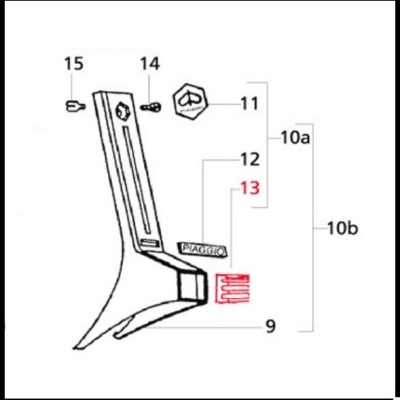 Desenho esquemático de peça metálica com etiquetas numéricas e palavra PIAGGIO