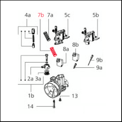 Diagrama técnico com peças mecânicas numeradas e mola vermelha