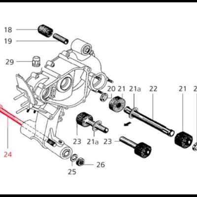 Desenho técnico de peça mecânica com parafusos numerados, um deles em vermelho