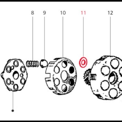 Partes mecânicas rotativas numeradas com orifícios circulares em desenho técnico