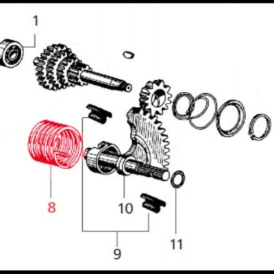 Esquema de peças mecânicas com um componente em destaque vermelho
