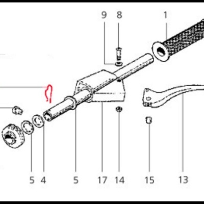 Diagrama técnico de peças de um punho de bicicleta ou mota com várias peças numeradas.
