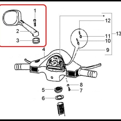 Diagrama técnico de componentes de guiador de motociclo.