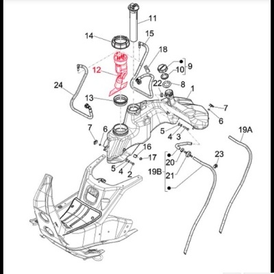 Diagrama técnico com peças automóveis numeradas e uma peça destacada a vermelho.