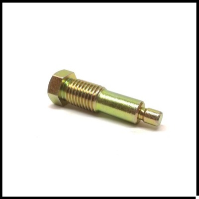 Parafuso metálico dourado com cabeça sextavada e roscas