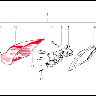 Desenho técnico de peças de automóvel com uma peça vermelha destacada e outras em preto e branco.