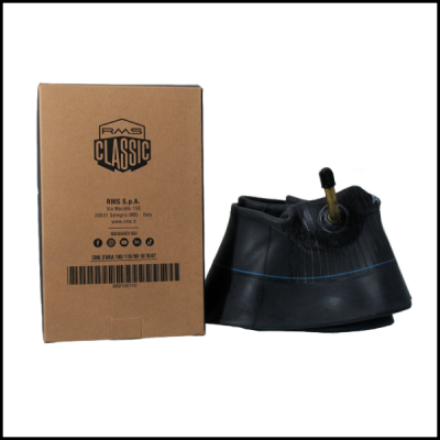 Câmara-de-ar preta dobrada com válvula metálica ao lado de caixa de cartão castanha RMS CLASSIC.