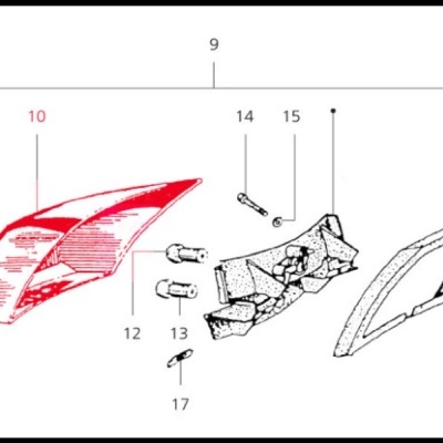 Desenho técnico de peças mecânicas numeradas com destaque vermelho na peça 10
