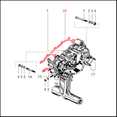 Diagrama técnico de peça mecânica com peças numeradas e segmento em vermelho