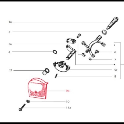 Desenho técnico a preto e branco com peças numeradas de um mecanismo e uma peça destacada a vermelho