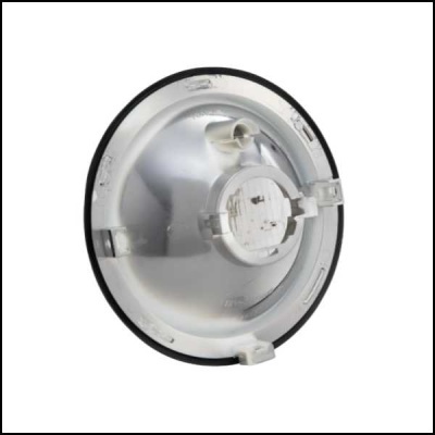 Refletor circular prateado com borda preta e suporte branco central