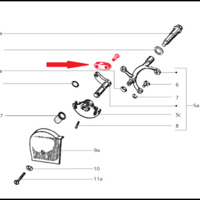 Desenho técnico de peças mecânicas com uma peça destacada a vermelho e uma seta vermelha