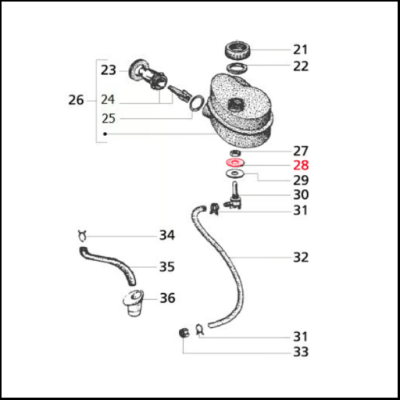 Desenho técnico de peças mecânicas numeradas com algumas destacadas em vermelho.