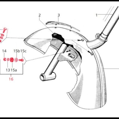 Desenho técnico de peça de maquinaria com componentes numeradas e parafusos