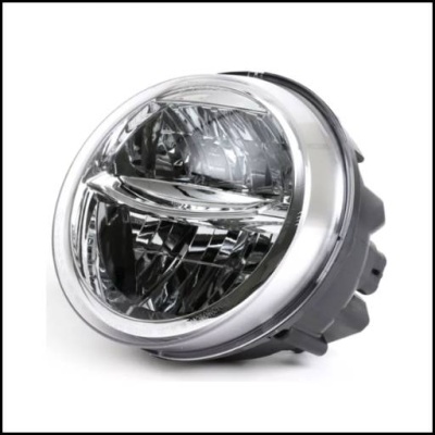Farol redondo para automóvel em plástico transparente e estrutura cinza