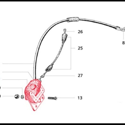 Desenho técnico de componente mecânico com peça principal destacada em vermelho e números de referência.