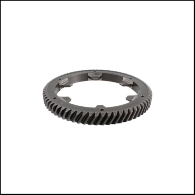 Roda dentada metálica circular cinza escuro.