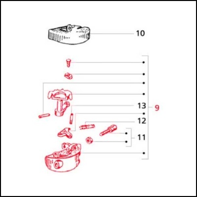 Diagrama técnico de peças mecânicas numeradas em vermelho e cinzento
