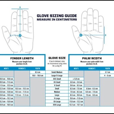 Guia de tamanhos de luvas com medições e diagramas de mão